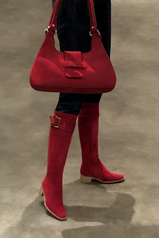 Cardinal red women's riding knee-high boots. Round toe. Low leather soles. Made to measure. Worn view - Florence KOOIJMAN